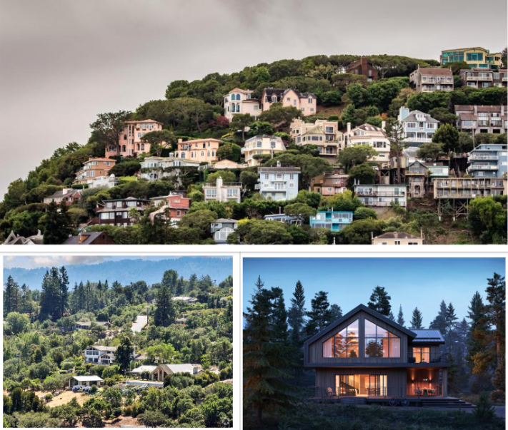 Homes in wildfire-prone areas showing hillside communities surrounded by dense vegetation